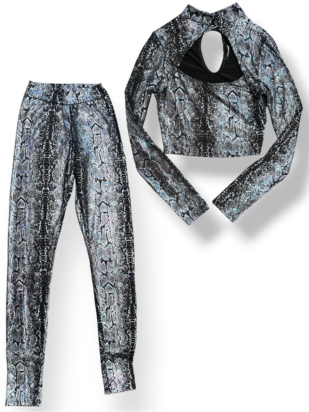 Fashion Nova Black Active Set with Iridescent Blue-Green Print